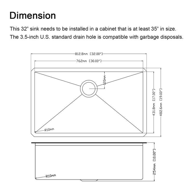 32" Undermount Workstation Sink - 16G Stainless Steel, 10" Deep