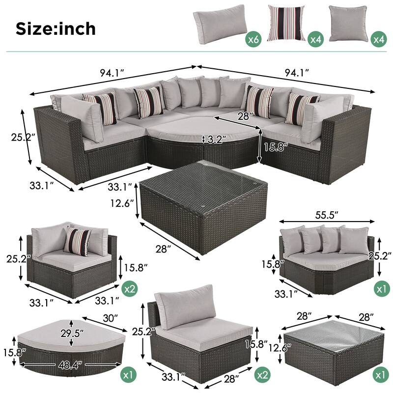 7-Piece Outdoor Patio Sectional Sofa Set with Coffee Table and Striped Pillows, Free Combination