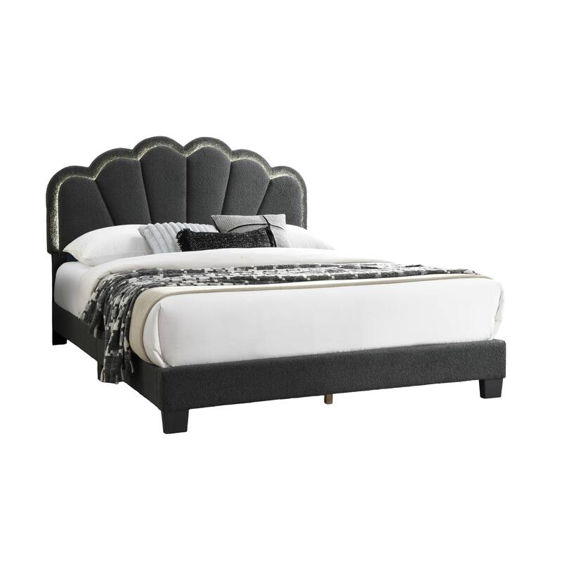 1pc Queen Size Bed Charcoal Wool Fabric Floral Design Headboard w LED Fully Upholstered Platform Bedframe