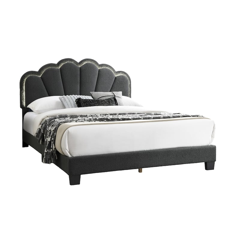 Queen Size Wool Upholstered Platform Bed with Floral Stitch Headboard and LED Lighting
