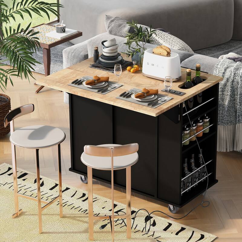 Kitchen Island with Power Outlet 5 Wheels,with Adjustable Storage