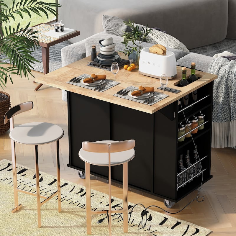 Removable Kitchen Island with Power Outlet, Black Wine Rack, Simple Storage Cabinet with Stemware Holder and 2 Drawers - Black