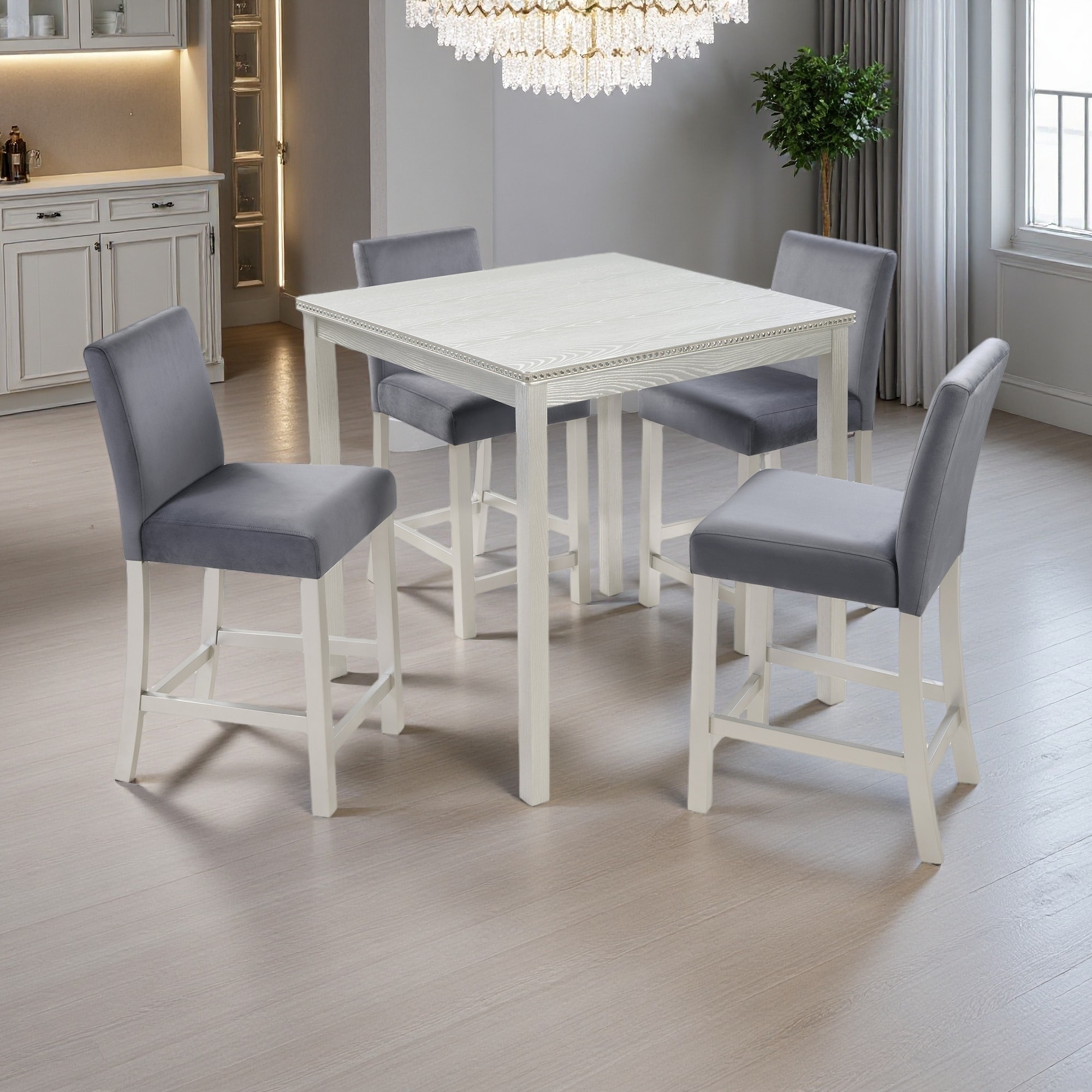 5-Piece Counter Height Dining Table Set, Wooden Square Kitchen Table with 4 Upholstered Chairs