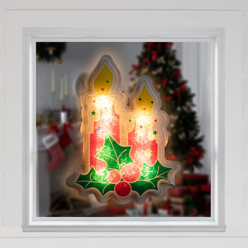 Lighted Berry Candle Christmas Window Silhouette - 12" - Clear Lights