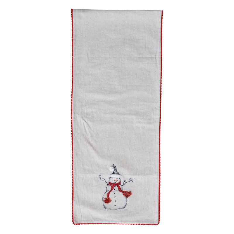 Linen Printed Table Runner with Embroidered Snowman and Bird Image, Applique and Pom Pom Trim - Natural;Red;Black