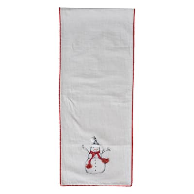 Linen Printed Table Runner with Embroidered Snowman and Bird Image, Applique and Pom Pom Trim