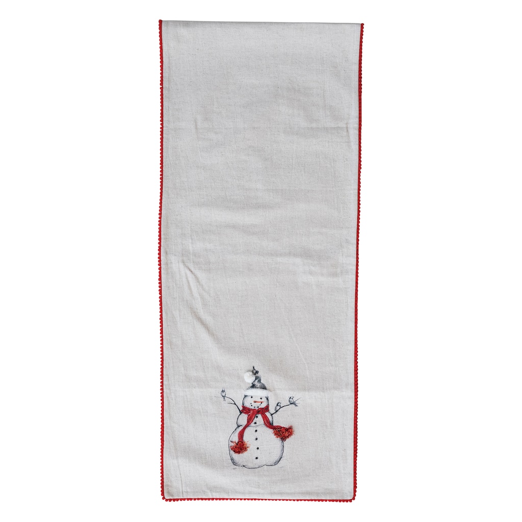 Linen Printed Table Runner with Embroidered Snowman and Bird Image, Applique and Pom Pom Trim