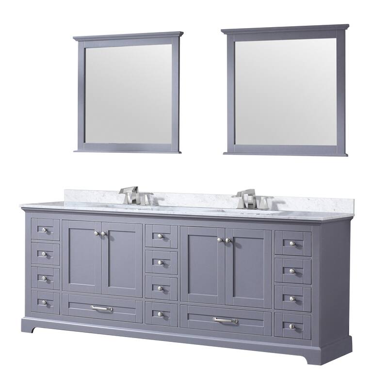 Dukes 84 in. W x 22 in. D Navy Blue Double Bath Vanity, Carrara Marble Top, Faucet Set, and 34 in. Mirrors