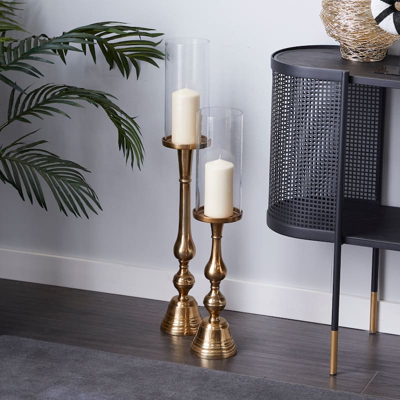 Aluminum Metal Hurricane Lamp - Set of 2 Gold - Roche River Decor - 5"W x 5"L x 32"H