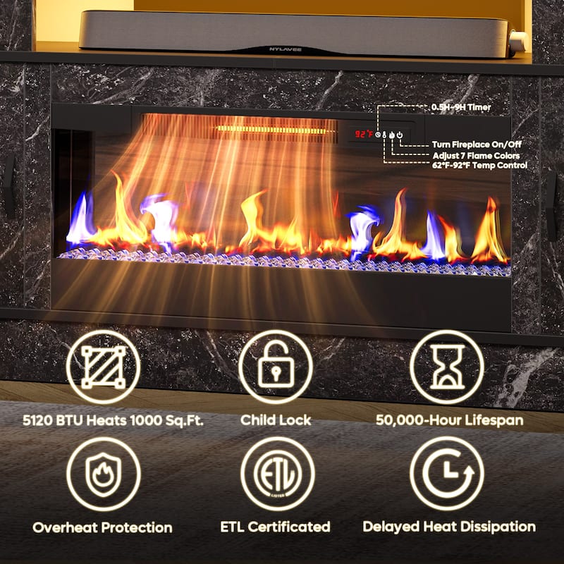 Bestier 63 in. White Marble Freestanding Electric Fireplace TV Stand Fits TV Up to 70 in. Entertainment Center with Cabinet