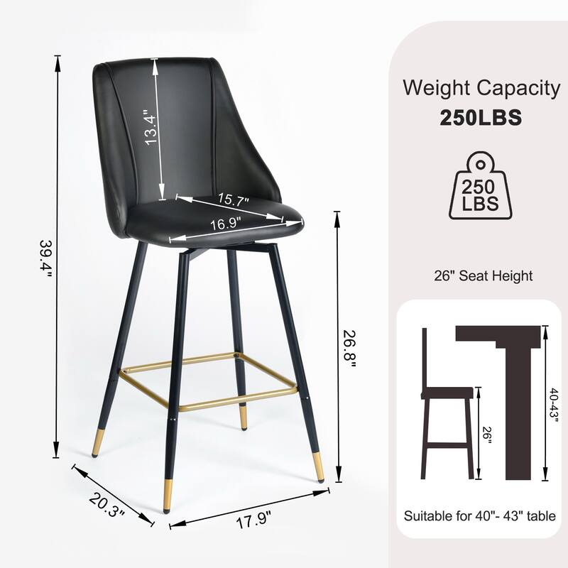 Homy Casa Set of 2 Faux Leather Counter Stools with Backrest and Gold-Tipped Metal Legs-Ideal for Modern Kitchens and Home Bars