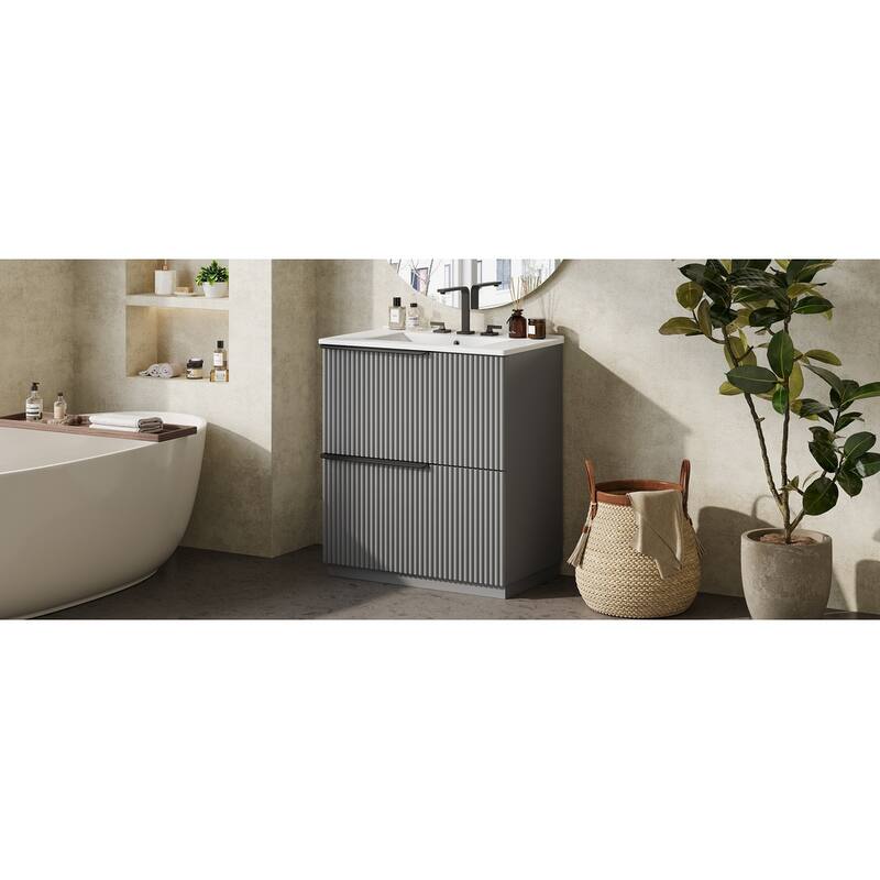 Fluted Bathroom Vanity with Ceramic Sink, Freestanding Vanities Set, Bathroom Storage Cabinet with Full-Extension Drawers