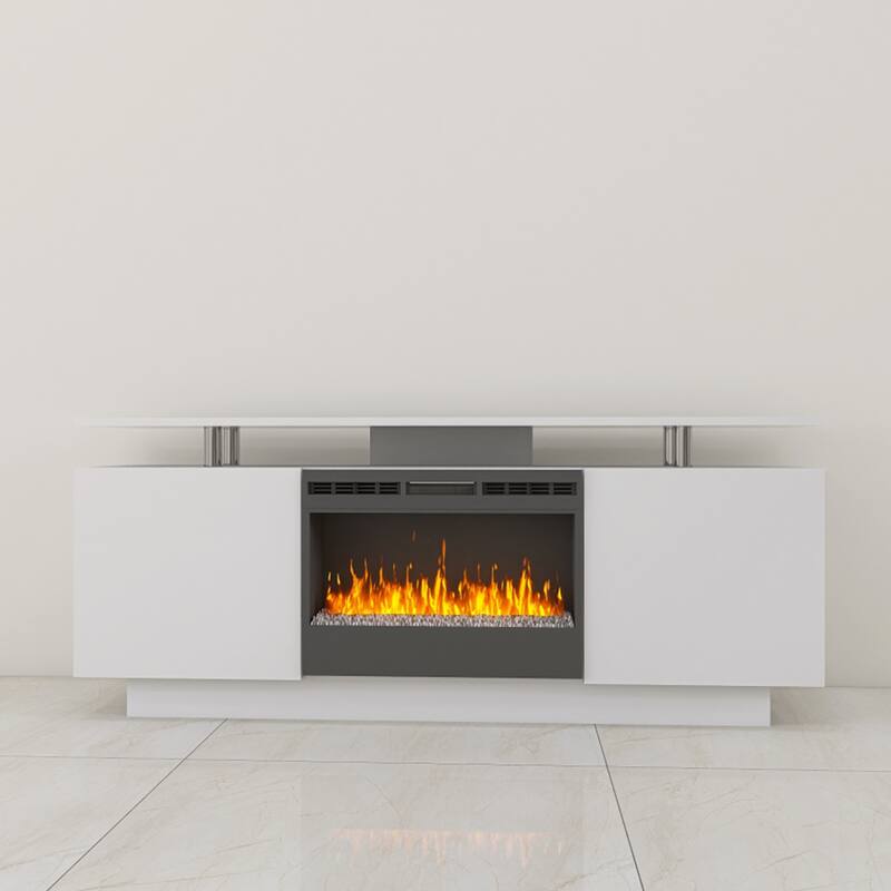 High Gloss TV Stand with Fireplace and Flame Color Changes - White