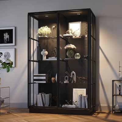 Modern Glass Curio Display Cabinet 4 Tier Display Case With lights & Doors