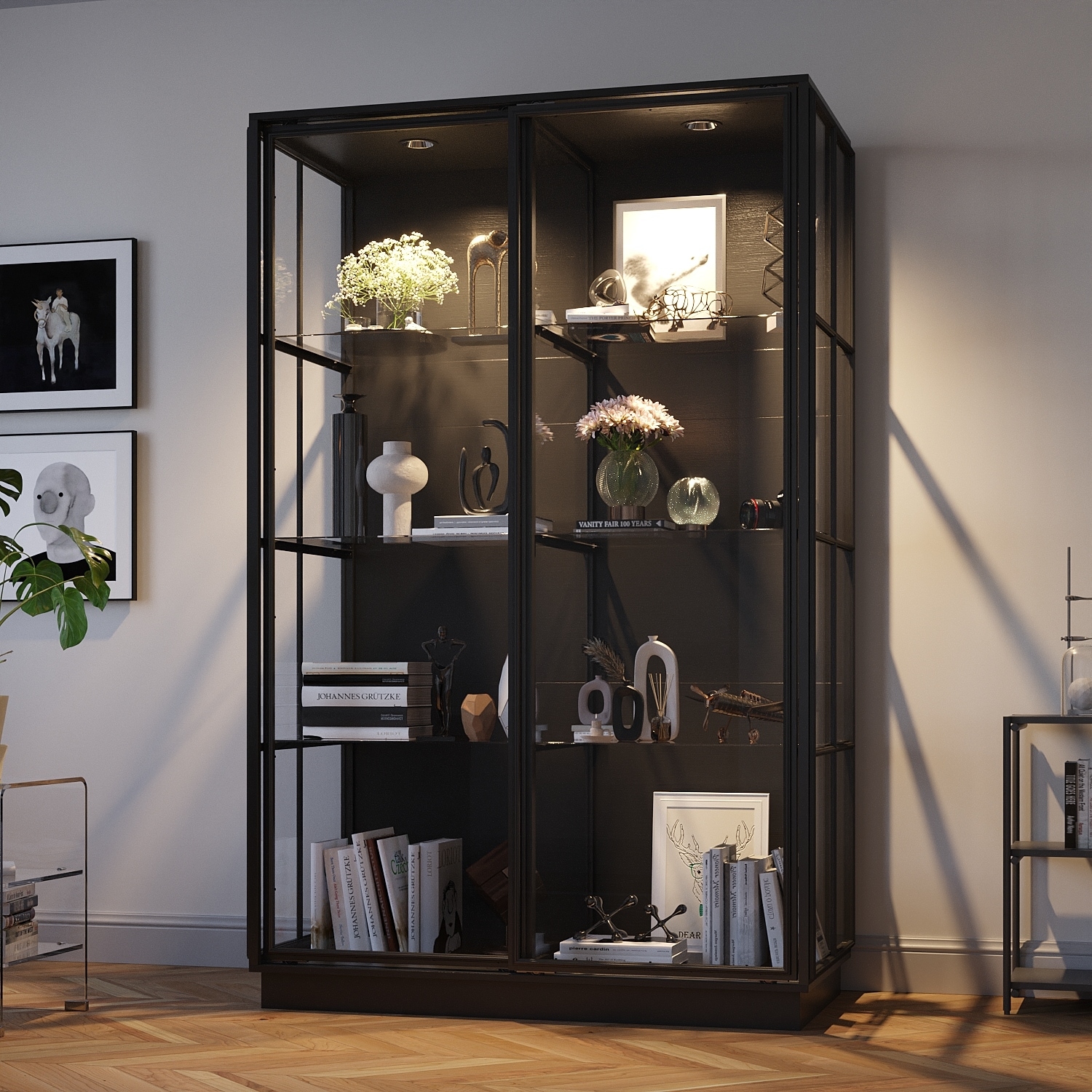 Modern Glass Curio Display Cabinet 4 Tier Display Case With lights & Doors