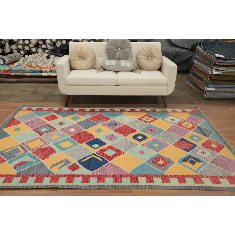 Hand Woven Oriental 100% Wool Carpet Southwestern Tribal Multi-Colored Kilim Area Rug - 8' 4'' X 5' 11''