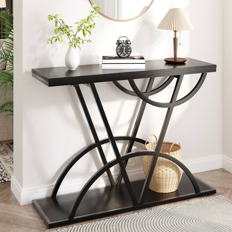 43" Console Table for Entryway, Industrial Entryway Table with Storage Shelf, Narrow Wood Sofa Table - Black