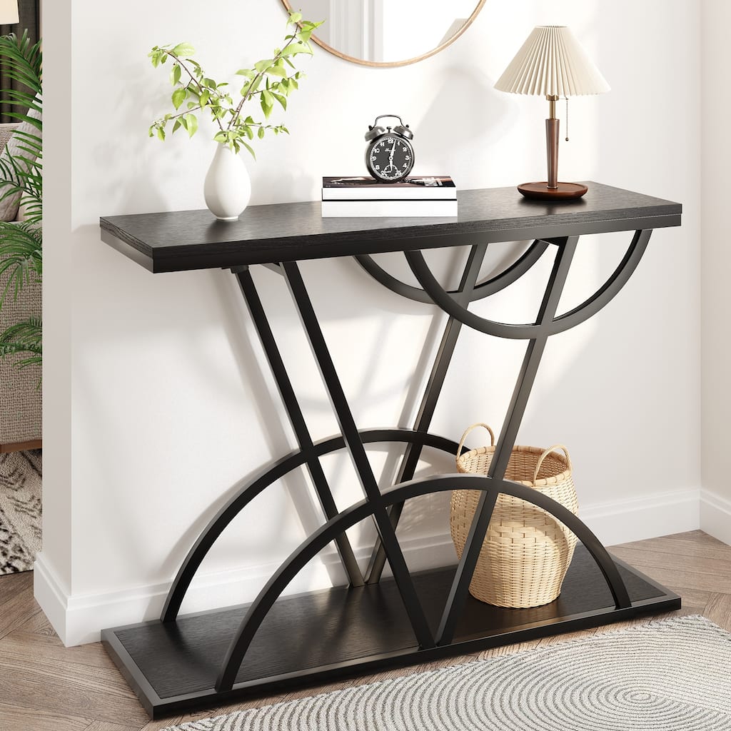 43" Console Table for Entryway, Industrial Entryway Table with Storage Shelf, Narrow Wood Sofa Table