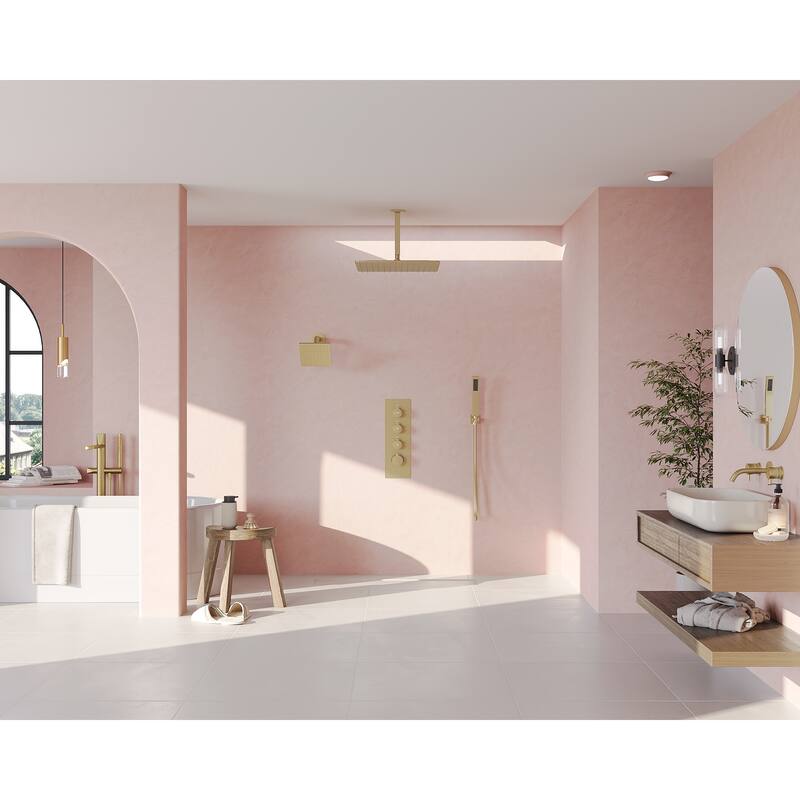 Dual Heads 16" Rainfall & High Pressure 6" Shower System w/ 3 Way Thermostatic Faucet 