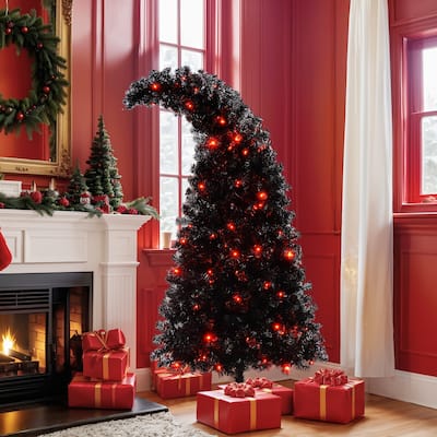 Roomfitters 6FT Artificial Christmas Tree with Curved Shape, Pre Lit Whimsical Holiday Tree with 900 Branch Tips, Black
