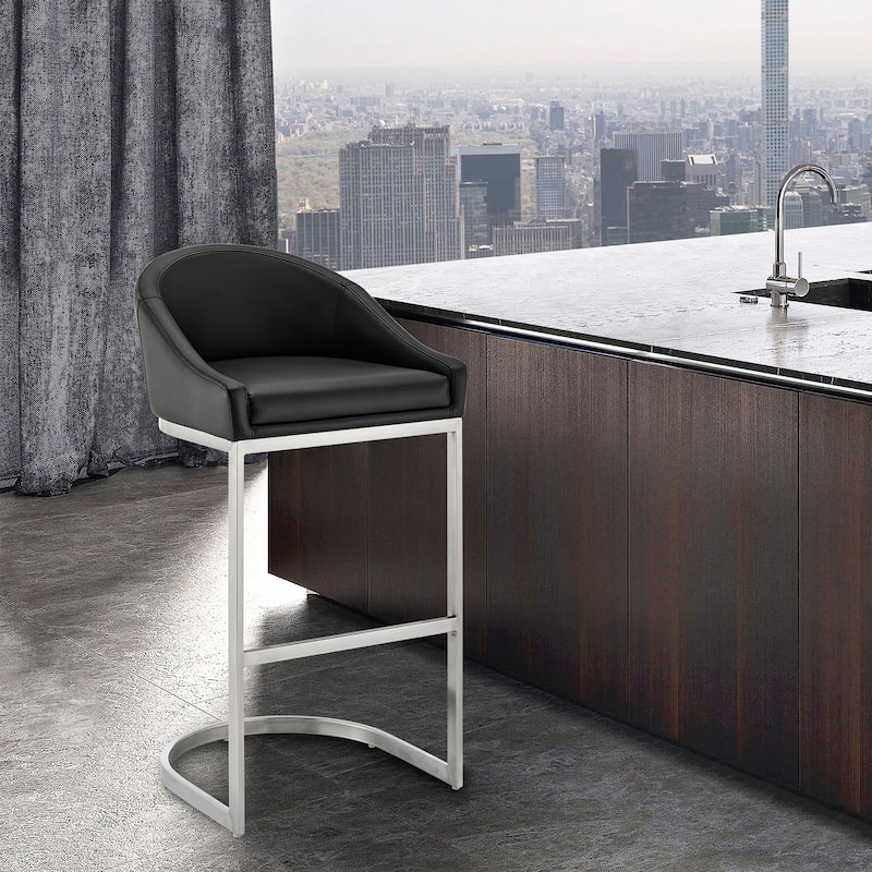 Katherine Upholstered Metal Bar or Counter Height Stool with Cantilever Base - Brushed Stainless Steel & Black - Bar Height