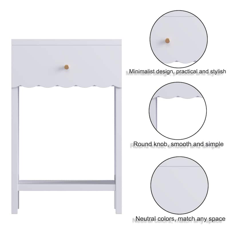 Anmytek Scalloped Edge Bedside Table Modern Storage Nightstand with Drawer Open Shelf