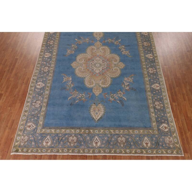 Over-Dyed Blue Tabriz Persian Vintage Rug Handmade Wool Carpet - 9'10"x 13'0"