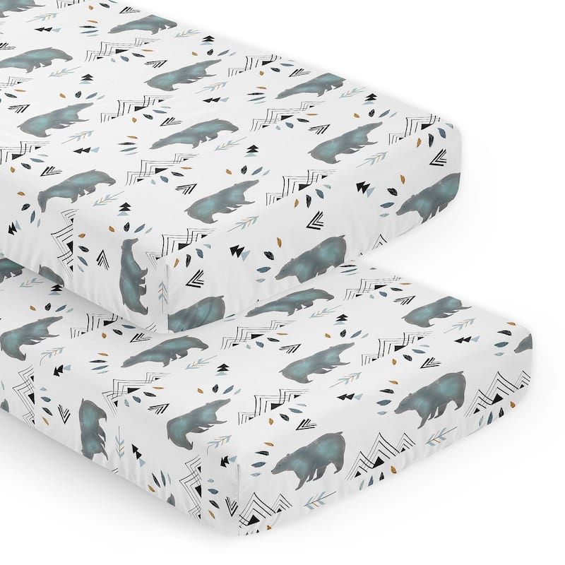 Sweet Jojo Designs Bear Mountain Slate Blue Boy 2 Pack Fitted Crib Sheets Black and White Watercolor Woodland Forest Animal