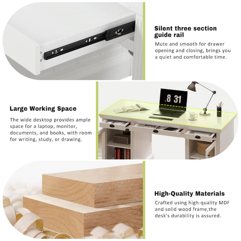 67-Inch Modern Executive Computer Desk with 2 Glass Doors Storage Cabinet & 3 Drawers