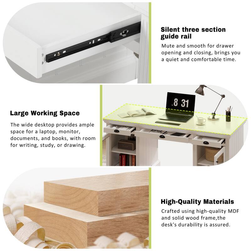 Merax Executive Storage Desk with Hidden Power Hub and Glass-Door Cabinets