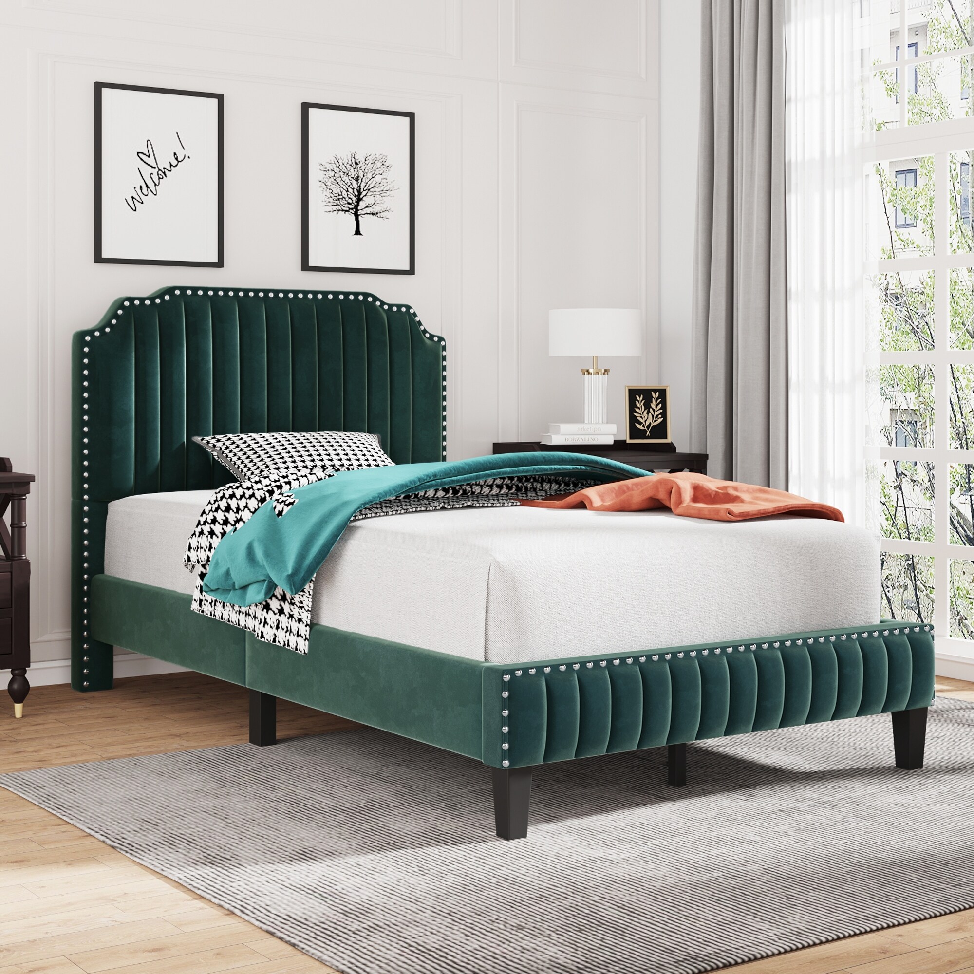 Camelback Upholstered Platform Bed Hardwood Frame Bed Bath