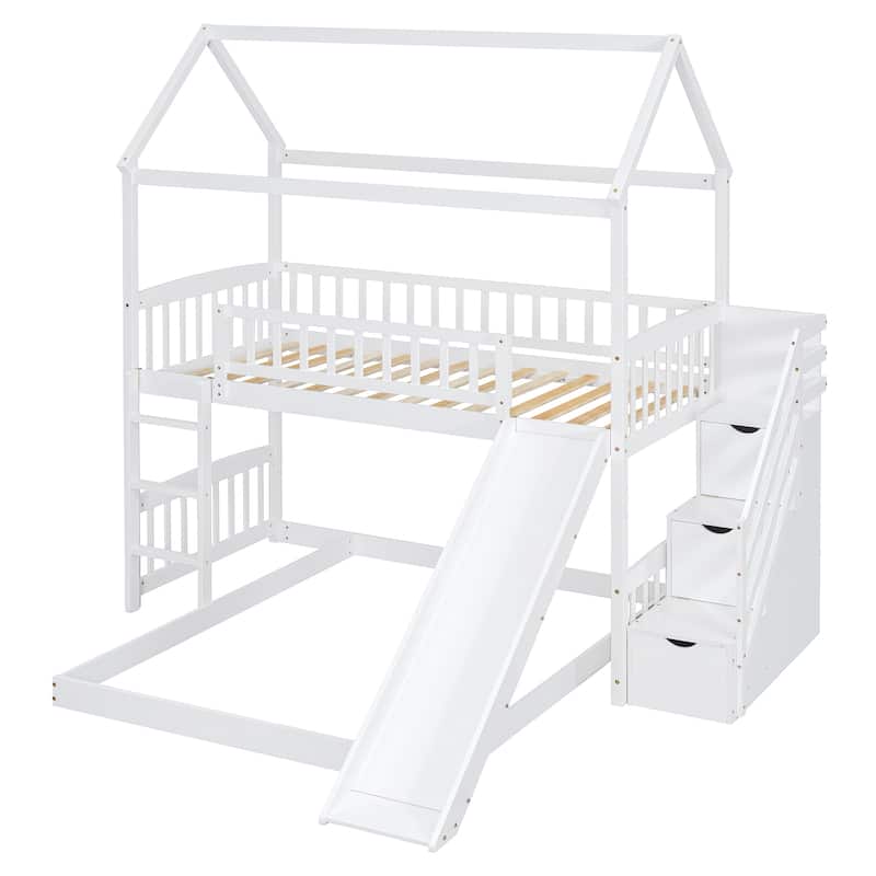Twin Over Full Bunk Bed House Bed with Slide and Storage
