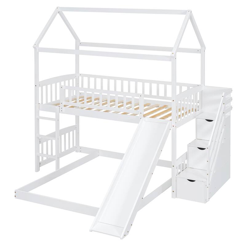 Twin Over Full Bunk Bed with Slide and Storage, White/Gray, Space-Saving Design