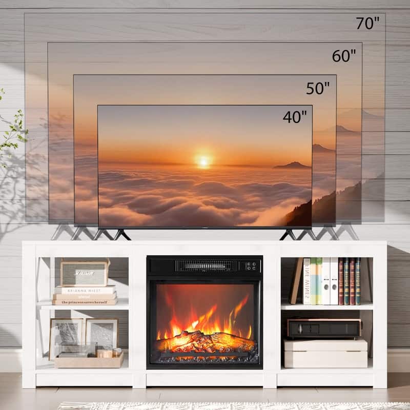TV Stand with Optional Fireplace for TVs up to 70in Farmhouse Entertainment Center with Adjustable Shelves