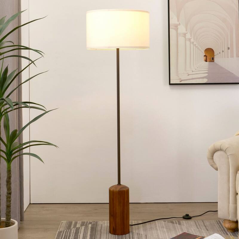 Brightech Oren LED Walnut Brown Wood Midcentury Super Bright Floor Lamp with Cream Cotton Drum Shade