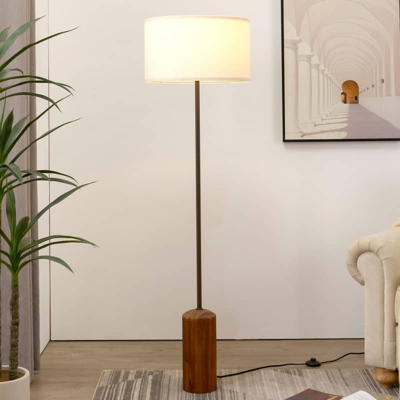 Brightech Oren LED Walnut Brown Wood Midcentury Super Bright Floor Lamp with Cream Cotton Drum Shade