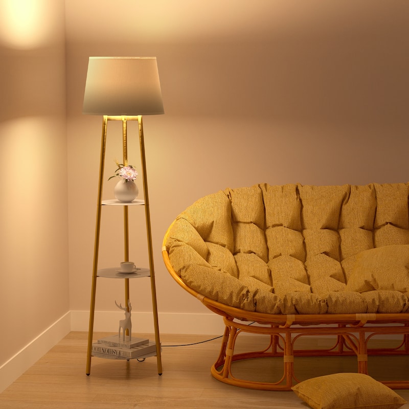 Mid Century Tripod Led Floor Lamp with 3 Tier Display Shelves