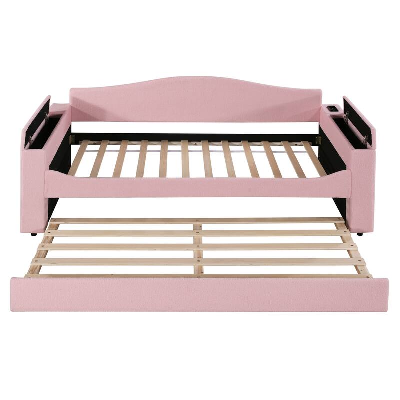 Twin Size Upholstered Daybed with Storage Armrests, Trundle & Bluetooth