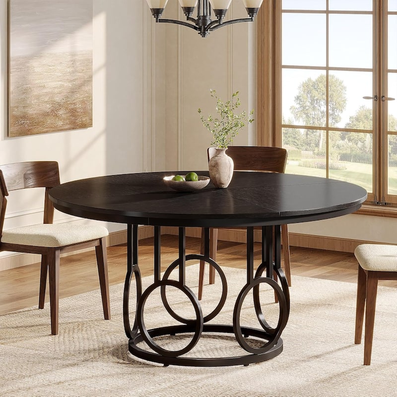 47-Inch Round Dining Table, Wood Kitchen Table with Sturdy Metal Base for 4-6 People