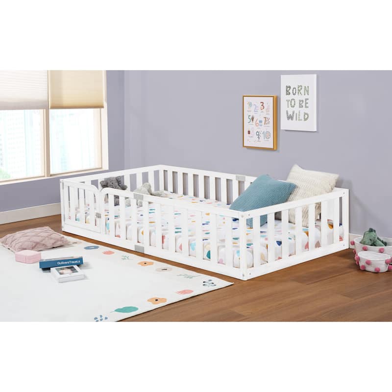 COSTARS Toddler Floor Bed with Rails for Kids, Montessori Wooden Twin Bed Frame with Door, Low to Ground - White