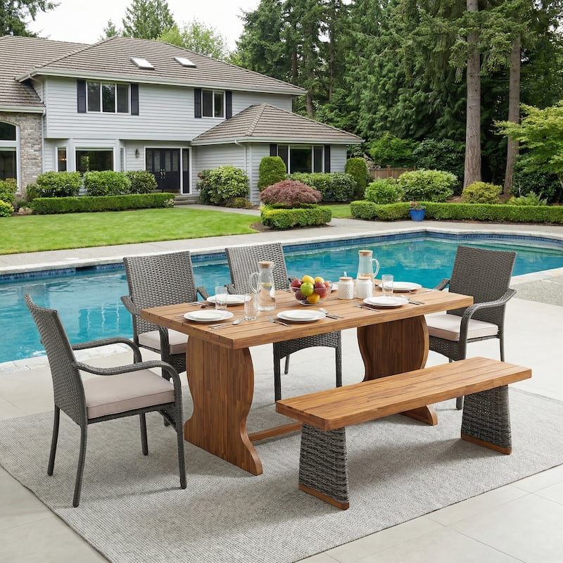 Christopher Knight Home - 6-Piece Outdoor Acacia Wood Dining Set with Iron Frame Stacking Chairs, Bench & Slat Dining Table - Grey Wicker+Teak Finish