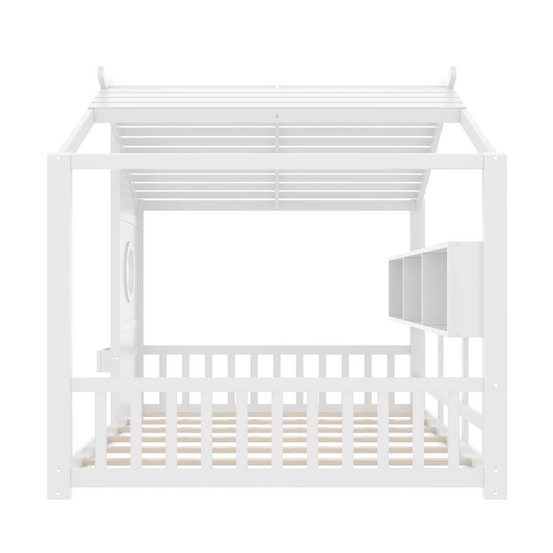 House Bed Frame for Toddler Floor Bed, Kids Montessori Bed with Storage Shelf and Round Window, Playhouse Bed with Roof Design
