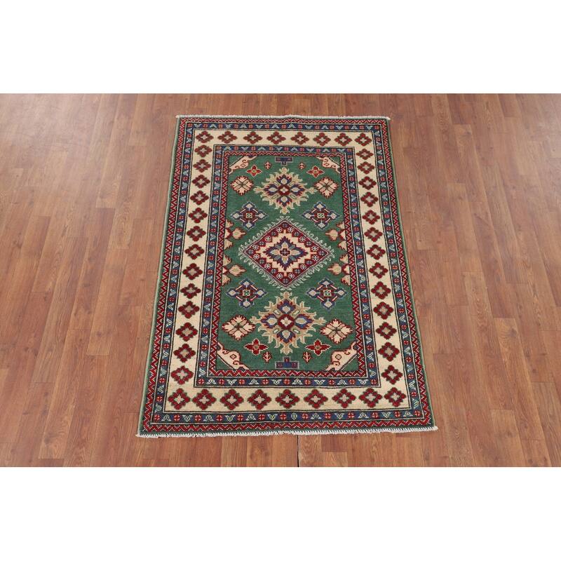 Green Geometric Kazak Foyer Rug Hand-Knotted Wool Carpet - 3'3" x 4'10"
