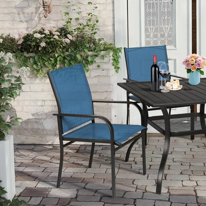 5 Piece Outdoor Patio Metal Dining Set of 6 Textilene Chairs and Square Table with Umbrella Hole