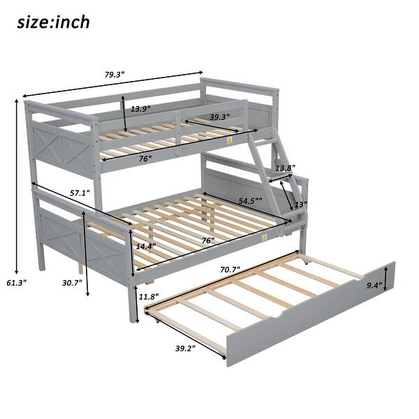 Gray Twin over Full Pine Wood Bunk Bed with Ladder and Twin Size Trundle