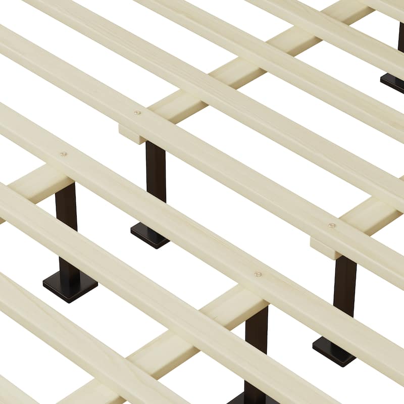 Solid Wood Platform King Bed with Upholstered Headboard, Mid-Century Modern Design