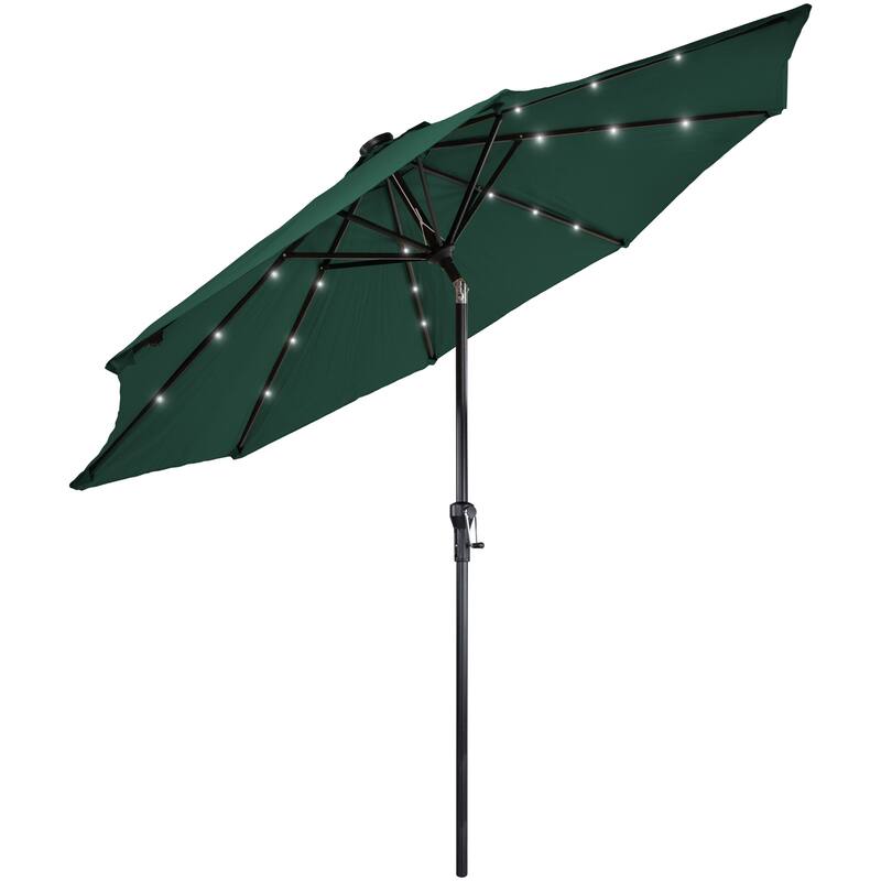 9ft Solar Lighted Patio Market Umbrella hand Crank Tilt Hunter Green