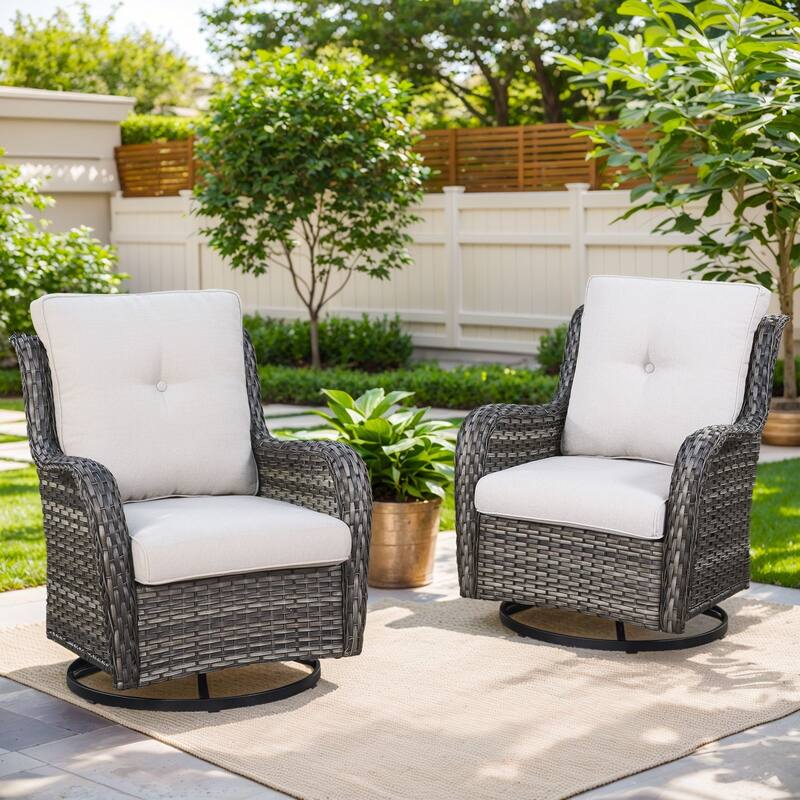 Pocassy Outdoor Swivel Chairs with 4 Inch Cushion - 2PCS Swivel Chair - Gray Wicker Beige cushion