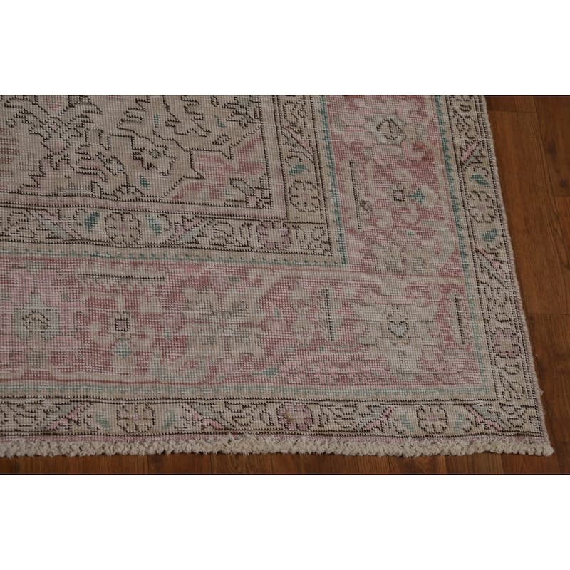 Geometric Beige Tabriz Persian Vintage Rug Hand-Knotted Wool Carpet - 7'10" x 11'0"