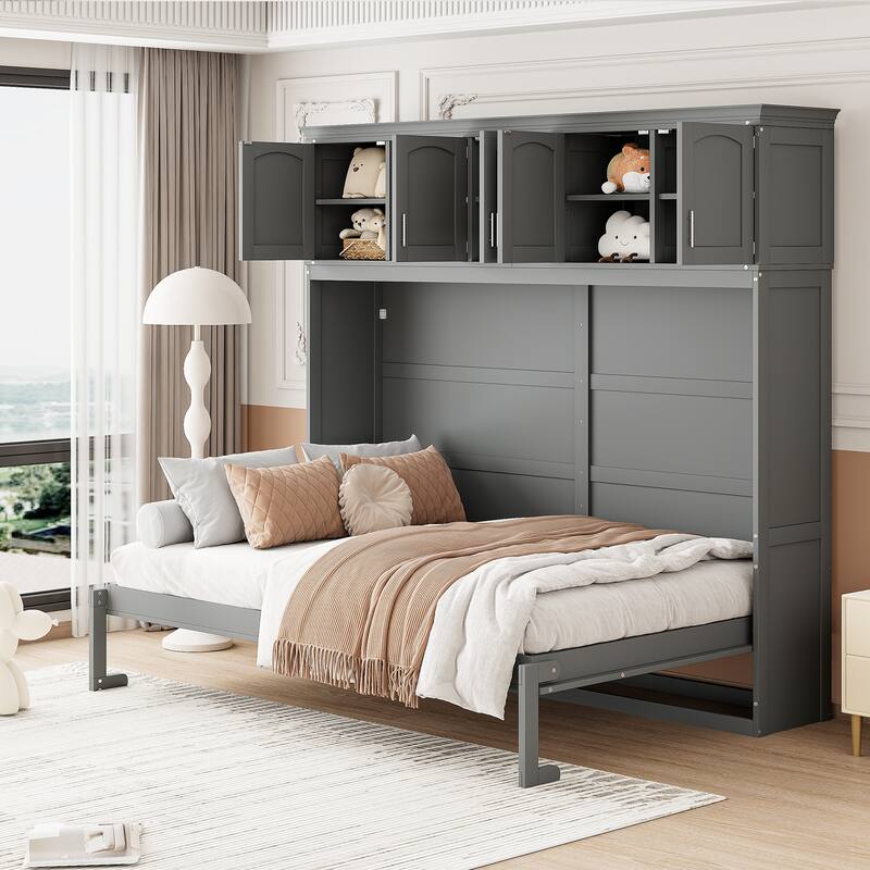 Grey Queen Size Wall Bed Storage Murphy Bed with Dual Piston Metal Folding Mechanism, Top Cabinets & Horizontal Flip Bed Frame